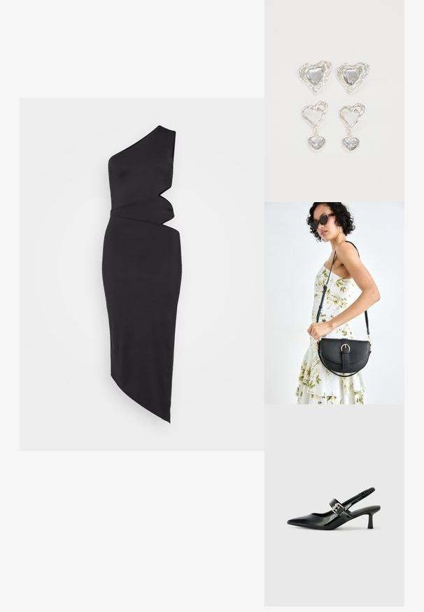 Rochie neagră cu un umăr, realizată dintr-un material neted, având o tăietură asimetrică, detalii drapate și o siluetă elegantă, potrivită pe corp.; Sandale cu toc din piele patent neagră, cu vârful ascuțit și un toc mic bloc, având un accent cu cataramă argintie pe curea.; Geantă din piele neagră, cu o formă curbată, curea detașabilă și accesorii aurii. Geanta are un capac cu un detaliu tip cataramă.; Cerceii în formă de inimă argintie sunt decorați cu pietre clare fațetate, având un cadru texturat. Setul include stiluri cu buton și cu pandantiv.