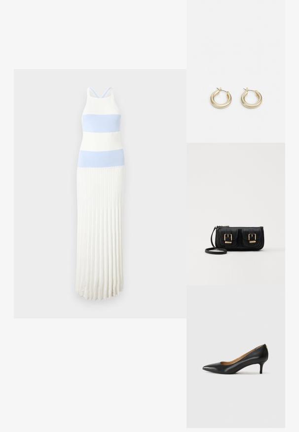 Strikket kjole med vandrette lysblå og hvide striber, der har en tætsiddende overdel, plisseret nederdel og tynde justerbare stropper.; Sorte læderpumper med spids tå, lav hæl og en glat tekstur. Har en let åbning foran og minimal hardware bagpå.; Sort læder crossbody taske med to frontlommer, guldspænder, lynlåslukning og en slank rem. Struktureret overflade og kompakt rektangulær form.; Lauren Ralph Lauren BASIC SMALL HOOP - Øreringe - gold-coloured