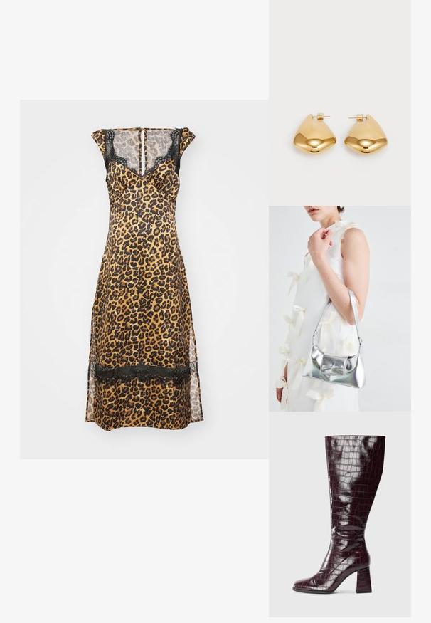Leopardenmuster-Kleid mit schmaler Silhouette, Spitzenakzenten an den Schultern und dem Saum sowie einer subtilen transparenten Textur in warmen Farbtönen.; Dunkelburgunderfarbene knielange Stiefel mit Krokodillederstruktur und Blockabsatz vor weißem Hintergrund, seitlich dargestellt.; Silberne metallische Handtasche mit strukturierter Form, ausgestattet mit einem oberen Griff und einer Schleifenapplikation auf der Vorderseite. Glatte Textur, reflektierendes Finish.; Goldfarbene Metallohrringe in einer glatten, abgerundeten dreieckigen Form mit Steckverschluss; reflektierende Oberfläche mit minimaler Detailarbeit.