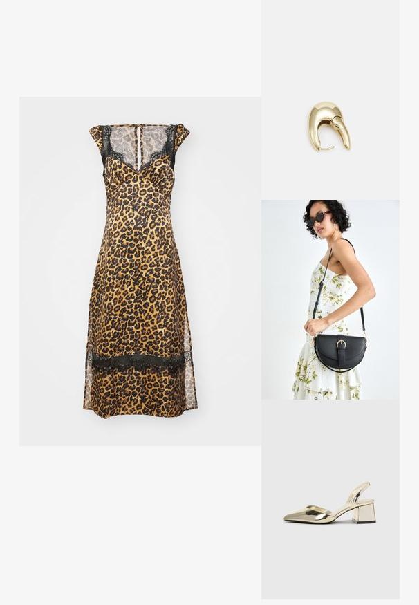 Robe en imprimé léopard avec une silhouette ajustée, des accents en dentelle le long des épaules et de l'ourlet, et une texture légèrement transparente, dans des tons chauds.; Talons aiguilles dorés métalliques avec un bout pointu et un talon épais. Texture lisse, design minimaliste et une fine bride.; Sac à main en cuir noir avec une forme courbée, bandoulière amovible et des accessoires en or. Le sac est doté d'un rabat avec un détail de boucle.; Boucle d'oreille en métal doré avec un design élégant et courbé. Présente une forme conique distinctive, une surface polie et une fermeture à charnière.
