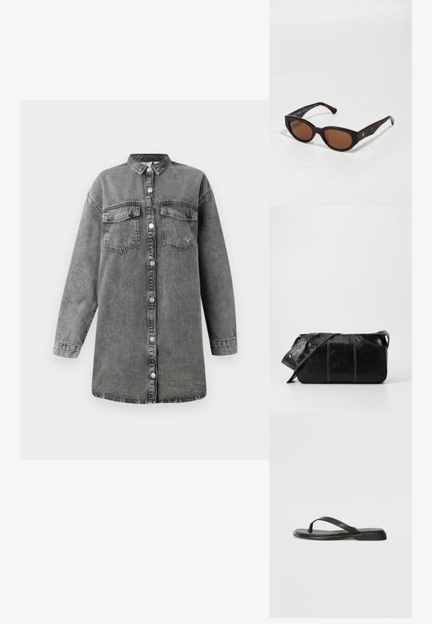 Vestido em denim cinza com mangas longas, frente com botões, dois bolsos no peito e bainha arredondada. Apresenta uma textura ligeiramente desbotada e botões de metal.; Chinelo preto feito de couro liso, com um design de tira fina e sola baixa com um perfil minimalista. Sem padrões ou acentos notáveis.; Óculos de sol de tartaruga preta com lentes castanhas, design angular e pernas largas com um detalhe discreto do logótipo. Textura de plástico suave.; Bolsa de ombro em couro preto com fecho em zíper, apresentando um corpo texturizado, costura branca e uma alça com ilhós prateados.