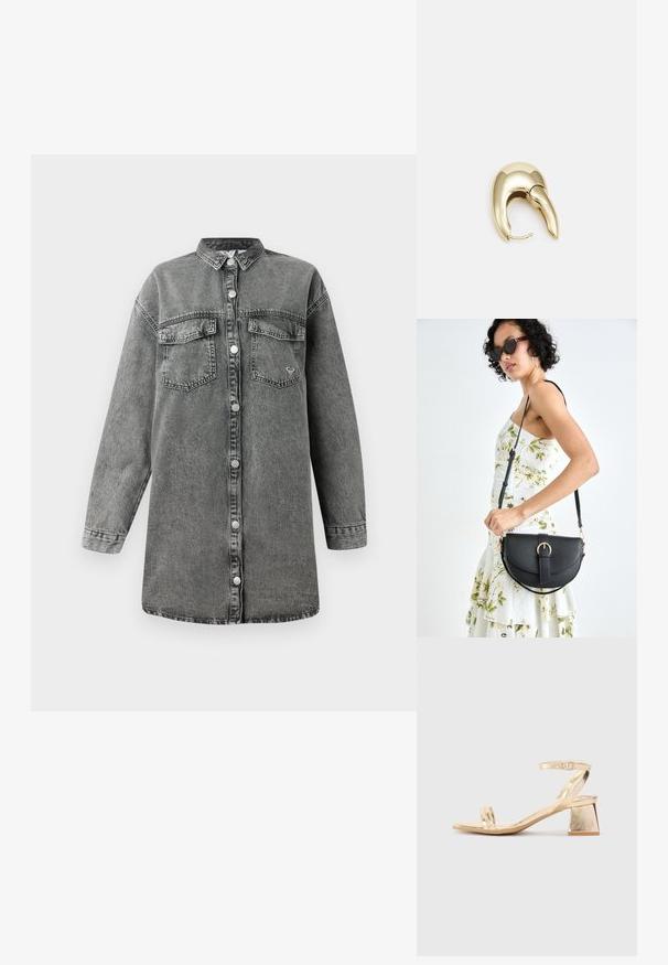 Grå denimskjolklänning med lång ärm, knäppning fram, två bröstfickor och rundad fåll. Har en subtil blekt textur och metallknappar.; Guldmetalliska klacksandaler med en kantig blockklack, två remmar över foten och en justerbar vristrem. Slät textur.; Svart läderhandväska med en böjd form, avtagbar rem och guldiga detaljer. Väskan har ett lock med en spänndetalj.; Örhänge i guldtonad metall med en elegant, böjd design. Har en distinkt spetsig form, polerad yta och gångjärnslås.