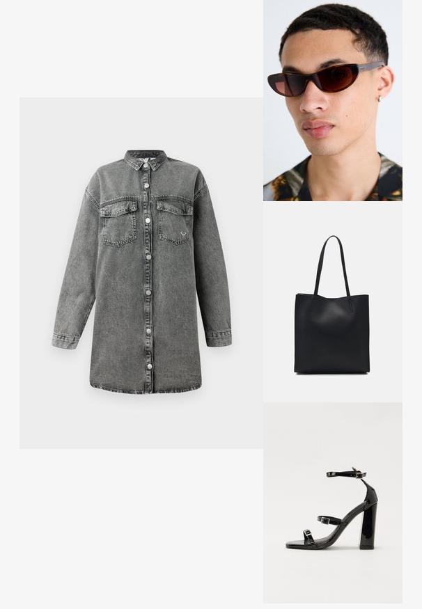 Robe chemise en denim gris avec des manches longues, boutonnage sur le devant, deux poches poitrine et ourlet arrondi. Présente une texture légèrement décolorée et des boutons en métal.; Sandales à talons vernies noires avec un bout carré, des sangles autour de la cheville et des boucles en argent. Dotées d'un talon bloc épais pour plus de stabilité.; Des lunettes de soleil teintées marron avec une forme élégante en œil de chat et de fines montures noires. Des accents latéraux notables rehaussent le design moderne.; Sac fourre-tout en cuir noir avec une texture lisse, de forme rectangulaire et deux longues poignées. Pas de matériel ou d'ornementations visibles.