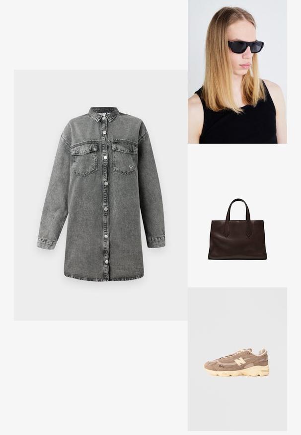 Graues Denim-Kleid mit langen Ärmeln, Knopfleiste, zwei Brusttaschen und abgerundetem Saum. Verfügt über eine dezente, ausgewaschene Textur und metallene Knöpfe.; Braune Wildledersneaker mit einer gepolsterten cremefarbenen Sohle, versehen mit beigen Akzenten, strukturierten Paneelen und einem auffälligen Logo an der Seite.; Schwarze rechteckige Sonnenbrillen mit dunklen Gläsern und matter Oberfläche, getragen von einer Person mit langen glatten blonden Haaren, in einem schwarzen Tanktop.; Braune Ledertasche mit zwei langen Griffen, strukturierte rechteckige Form, glatte Textur und dezente Nähdetails.