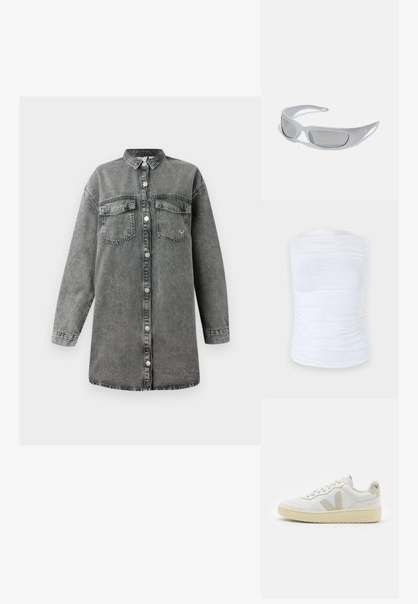 Sivá denimová košeľová šaty s dlhými rukávmi, gombíkovým zapínaním vpredu, dvomi vreckami na hrudi a zaobleným lemom. Disponujú jemnou vyblednutou textúrou a kovovými gombíkmi.; Biely top bez rukávov vyrobený z hladkej, elastickej tkaniny s nariasenými detailmi po stranách, s okrúhlym výstrihom a priliehavým strihom.; Biele kožené tenisky s béžovými semišovými akcentmi, perforovanou špičkou, plochými šnúrkami a textúrovanou krémovou podrážkou. Obsahujú jemné označenie na päte.; Slnko okuliare so štíhlým, šedým plastovým rámom, zakriveným dizajnom a šedými tónovanými sklami. Na jednom ramene sa nachádza akcent loga.