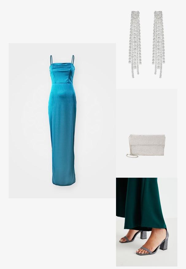Tamszilona midi kleita teal krāsā ar plānām spageti siksniņām, taisnu dekoltē un pieguļu siluetu, kas pāriet nelielā izpletumā apakšmalā.; Sudraba spīdīgas blokveida papēžu sandales ar divām tievām siksnām un kvadrāta formu purngalu. Kopā ar tumši zaļu grīdas garuma apģērbu.; Sudraba sieta pošu soma ar teksturētu, austas dizaina, kurai ir salokāms vāks un noņemama ķēdes siksna nēsāšanai.; Gari garie auskari ar ilgām sudraba krāsas virvēm, kas rotāti ar skaidriem, fasētiem kristāliem, kas ripo kaskādē un ir dažādu garumu un formu.