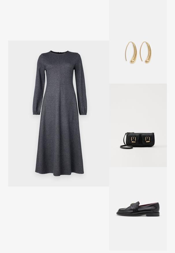 Graues langärmliges Kleid mit rundem Ausschnitt, das ein Fischgrätenmuster aufweist, einen taillierten Oberteil und einen ausgestellten Rock hat. Mit einem Reißverschluss auf der Rückseite.; Schwarze Lederloafers mit einem gestickten Muster, glatter Textur, goldenen Schnallendetails und einer runden Zehenform, auf einer niedrigen schwarzen Sohle.; Schwarze Leder-Umhängetasche mit zwei vorderen Taschen, goldenen Schnallen, Reißverschluss und einem schmalen Tragegurt. Texturierte Oberfläche und kompakte rechteckige Form.; Goldfarbene Metall-Hoops mit einer geschwungenen, länglichen Form. Sie verfügen über eine glatte, glänzende Oberfläche und eine abgerundete Spitze für zusätzliche Details.
