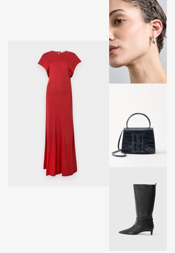 Czerwona maxi sukienka z krótkim rękawem z dopasowaną górą i zwiewnym dołem. Gładka faktura, minimalistyczny design i detal w postaci wycięcia na plecach.; Czarne skórzane kozaki do kolan z ostro zakończonym noskiem, ozdobione okrągłym paskiem wokół kostki oraz niskim, zwężanym obcasem. Gładka tekstura.; Czarna torebka z tłoczonej skóry krokodyla o zorganizowanej konstrukcji, z górnym uchwytem, regulowanym paskiem i wyraźnym detalem z logo z przodu.; Srebrna, metalowa kolczyk w kształcie obręczy z gładką, odbijającą powierzchnią, o owalnym kształcie i subtelnej grubości, zaprezentowany w zbliżeniu.