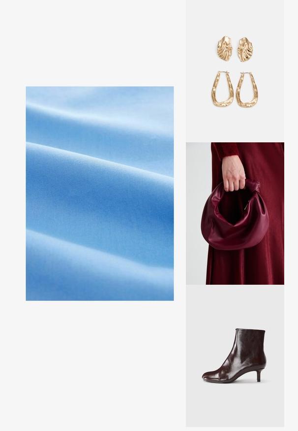 Light blue fabric with a smooth texture, featuring soft folds and a consistent, evenly woven pattern throughout.; Brown leather ankle boot with a sleek design, pointed toe, and a thin, short heel. Smooth texture with minimal detailing.; Burgundy leather handbag with a soft, gathered design and a rounded shape. The handle is secured, showcasing a smooth texture.; Gold-tone earrings featuring textured, wavy shapes. Includes sculptural clip-on studs and open hoop design with a hammered finish.