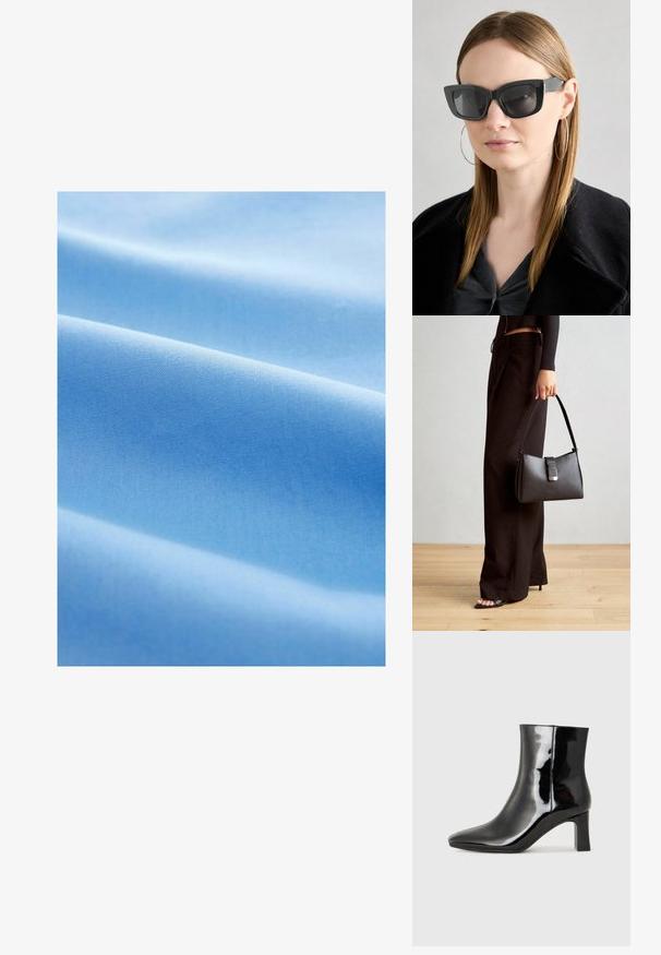 Tissu bleu clair avec une texture lisse, présentant des plis doux et un motif uniforme et régulièrement tissé sur l'ensemble.; Bottines en cuir verni noir avec un bout pointu et un talon block de hauteur moyenne. Texture lisse et design minimaliste.; Des lunettes de soleil en forme de chat noir avec des verres foncés, des montures épaisses et des accents subtils. Portées avec un manteau noir et un haut gris, avec des cheveux longs et raides.; Sac à main noir à la forme structurée, texture lisse et fermoir métallique. Associé à un pantalon noir ample et des sandales ouvertes sur un sol en bois.