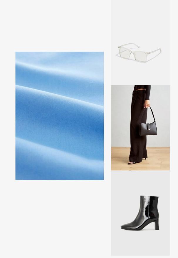 Vaaleansininen kangas, jossa on sileä rakenne, pehmeitä poimuja ja tasaisesti kudottu kuvio koko pinnalla.; Musta patenttilakattu nilkkuri, jossa on terävä kärki ja keskipitkä lohkarekorko. Silkkinen pinta ja minimalistinen muotoilu.; Selkeä muovinen neliönmuotoinen kehyslasit, joissa on läpinäkyvät linssit ja kultaset mäntäraudat lisäämään yksityiskohtia.; Musta käsilaukku, jossa on rakenteellinen muoto, sileä pinta ja metallinen solki. Yhdistetty leveisiin mustiin housuihin ja avonaiheisiin sandaaleihin puulattialla.