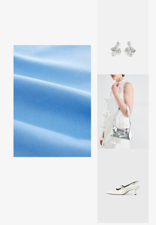 Világoskék szövet sima textúrával, puha redőkkel és egyenletesen szőtt mintával az egész felületen.; Fényes fehér bőr, hegyes orrú, pántos szandál, két állítható csatoló pánttal és 6 cm-es tűsarkúval.; Ezüst fémes kézitáska, struktúrált formával, felső fogantyúval és masnis részlettel az elején. Simaságával és fényes felületével tűnik ki.; Ezüstszínű fülbevalók, amelyek tiszta, csillogó kövekből készültek, különböző formákban, beleértve a kerek és marquise (mandula) alakot, virágos mintában elrendezve.