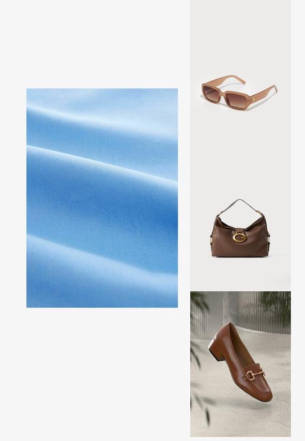 Heledad sinine kangas, millel on sile tekstuur, pehmed voldid ja ühtlane, ühtlaselt kootud muster kogu ulatuses.; Pruunist lakknahast loafer, millel on ruudukujuline varvas, metallist ahel kaunistus ja madal plokkkonts; sile tekstuur, minimalistlik disain.; Pruunid ristkülikukujulised päikeseprillid, millel on gradient objektiivid, paksud raamid ja logodetail külgedel. Sile plastmaterjal, minimaalne disain.; Pruun naha kott tekstuuriga pinnaga, millel on kuldse tooni sulgur ja ühekordne, kaardus õlarihm.