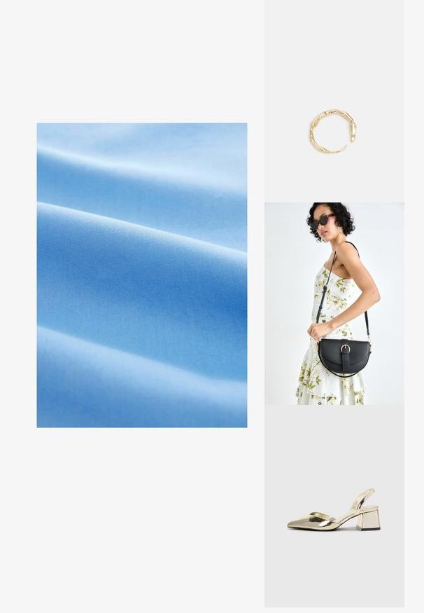 Heledad sinine kangas, millel on sile tekstuur, pehmed voldid ja ühtlane, ühtlaselt kootud muster kogu ulatuses.; Kuldne, metallilised slingback-kudumid terava varba ja paksu kontsaga. Sile tekstuur, minimalistlik disain ja kitsas rihm.; Mustmust mustraha kõverate joontega, eemaldatava rihmaga ja kuldsete detailidega. Kotil on klapp, millel on pandladetail.; Kuldtoonis sõrmus, millel on orgaaniline, keerdunud disain sileda tekstuuri ja kitsenevate otstega, luues kaasaegse skulptuurilise välimuse.