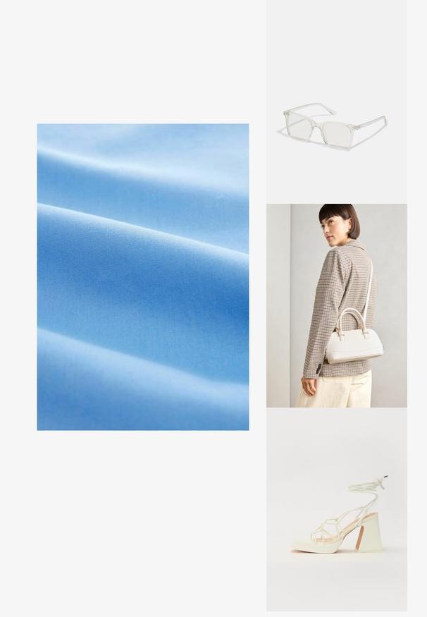Svetlo modrá tkanina s hladkým povrchom, ktorá má jemné záhyby a konzistentný, rovnomerne tkaný vzor po celej ploche.; Biele sandále na vysokom opätku s hrubým podpätkom, s pruhovaným dizajnom a viazaním na členku. Hladký povrch s platformou vpredu pre zvýšenú výšku.; Priehľadné plastové okuliare s námestovými rámami a priehľadnými šošovkami, s kultivovanými zlatými akcentmi na spánkoch pre zvýraznenie detailov.; Biela štruktúrovaná kabelka s krátkymi rúčkami a ramenným popruhom, s zlatými kovovými prvkami a textúrovaným materiálom, vystavená na šedom pozadí.