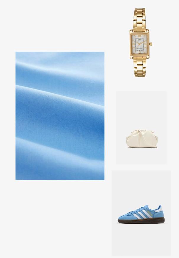 Hellblauer Stoff mit glatter Textur, der weiche Falten und ein konsistentes, gleichmäßig gewebtes Muster aufweist.; Helles blaues Wildleder-Sneaker mit weißen Lederstreifen, einer braunen strukturierten Sohle und goldenen Logodetails. Niedrig geschnittenes Design mit runder Zehenpartie.; Cremfarbener, weicher Kunstlederbeutel mit gerafftem Design, verstellbarem Schultergurt und subtiler Kordelzug-Verschluss. Glatte Textur und runde Form.; Goldfarbene rechteckige Armbanduhr mit Zifferblatt in Weiß, silbernen Stundenmarkierungen und einem strapazierfähigen Metallarmband. Wasserfest.