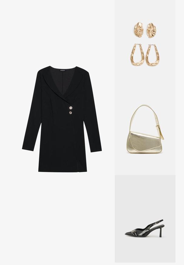 Melna kleita ar garām piedurknēm, V-veida kakla izgriezumu un divu pogu aizdari. Iezīmēta ar sānu spraugu un pielāgotu dizainu, kas nodrošina strukturētu siluetu.; Melnā patentēta ādas sandale ar norādītu purngalu, potītes siksniņām ar sudraba sprādzēm un aparatūru, kā arī smalku papēdi.; Zelta metāla somiņa ar strukturētu dizainu, gludu tekstūru un regulējamu siksniņu. Iezīmējas ar unikālu trīsstūrveida formu un minimālistisku šuvumu.; Zelta krāsas auskari ar teksturētām, viļņotām formām. Iekļauts skulpturāls piespraužams modelis un atvērta gredzenveida konstrukcija ar izsistām virsmām.