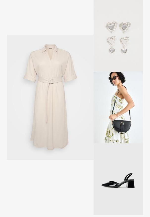 Vestido de camisa bege com colarinho e mangas arregaçadas, apresentando um cinto na cintura com uma fivela circular, pendurado em um fundo plain.; Sandy em verniz preto com salto slingback, ponta afilada e salto geométrico. Apresenta um design elegante e minimalista com textura suave.; Bolsa de couro preta com forma curva, alça destacável e detalhes em dourado. A bolsa possui uma aba com detalhe de fivela.; Os brincos em forma de coração prateados apresentam pedras claras facetadas, com uma moldura texturizada. O conjunto inclui estilos de botão e de gota.