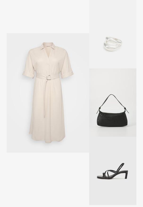 Beżowa sukienka koszulowa z kołnierzykiem i podwiniętymi rękawami, z paskiem w talii z okrągłą klamrą, wisząca na jednolitym tle.; Czarne sandały na obcasie z prostokątnym noskiem i niskim słupkowym obcasem. Posiadają wiele cienkich pasków i regulowany pasek na kostkę. Wykonane z gładkiej skóry.; Czarna, pleciona torba na ramię z gładkim skórzanym paskiem i zapięciem na zamek. Charakteryzuje się teksturowaną powierzchnią i zakrzywionym kształtem.; Srebrna obrączka podwójna z gładką, polerowaną powierzchnią. Posiada płynny, zakrzywiony kształt z nakładającymi się sekcjami, co nadaje nowoczesny wygląd.