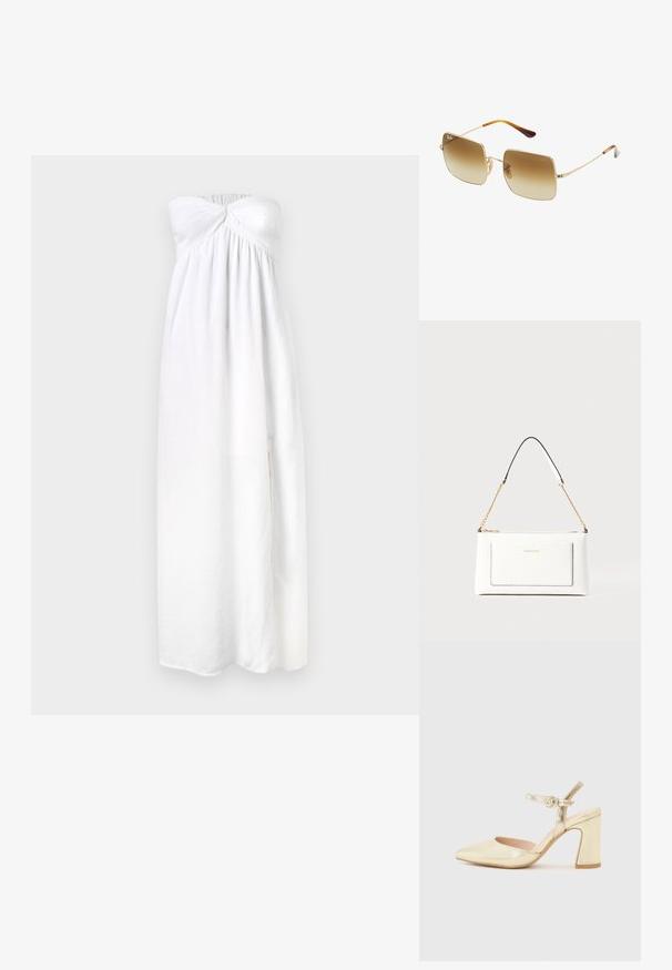 Biela bezramienková šaty s prekrúteným korzetom, skladanou látkou, dlhým strihom až po podlahu a jemnými textúrovanými detailmi. Mäkko, ľahký materiál.; Zlaté metalické topánky na opätku s špicatou špičkou, pásikom okolo členka s kruhovou sponou a robustným dizajnom opätku. Hladká textura.; Štvorcové slnečné okuliare s gradientovými hnedými sklami, zlatým kovovým rámom a korytnačkovými akcentmi na spánkoch.; Biele kožené kabelka s textúrovaným povrchom, ktorá má zlatý retiazkový popruh a čierne akcenty. Obsahuje prednú kapsu a zipsové zapínanie.