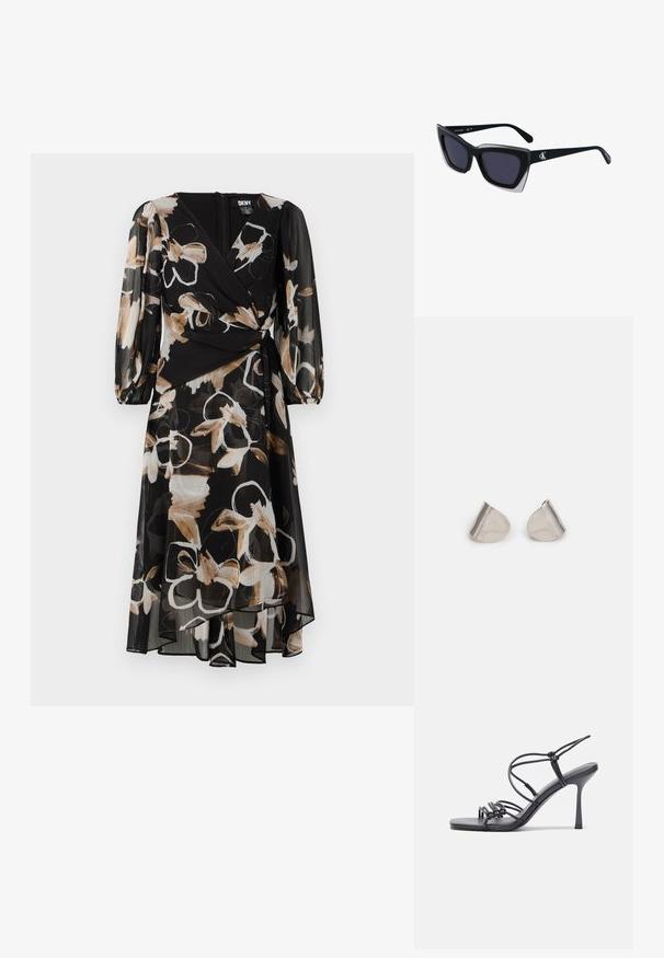 Musta kukallinen mekko, jossa on pitkät läpinäkyvät hihat, kietaisumalli ja teksturoitu kangas. Kukkapatterissa on beige- ja valkoisia yksityiskohtia.; Mustat korkokengät sandaalit, joissa on ohuet hihnat solmittuna, sileä neliön muotoinen varvasosa ja tyylikäs stiletto-korko.; Mustat ylisuuret aurinkolasit, joissa on geometrinen muoto, tummat linssit ja kehykseen erottuva harmaa yksityiskohta. Logo varressa.; Hopea metalliset korvakorut, joissa on sileä, pisaramainen muoto ja kiillotettu pinta. Huomaamattomat kaiverrukset lisäävät yksityiskohtia. Minimalistinen muotoilu.