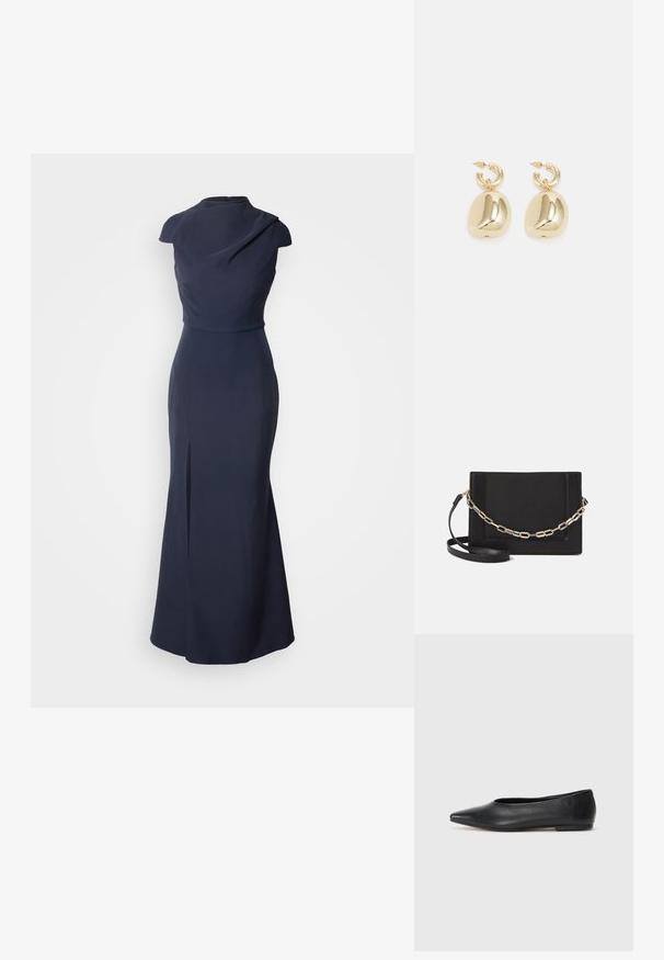 Navy blue evening gown with a fitted bodice, cap sleeves, draped neckline, and a side slit. Made of smooth fabric with a floor-length design.; Black leather ballet flat, pointed toe, minimalistic design, smooth texture, low-profile heel, no visible hardware or embellishments.; Black leather crossbody bag featuring a smooth texture, rectangular shape, and a metallic chain detail on the front. Adjustable strap included.; Gold hoop earrings featuring smooth, rounded pendants with a reflective finish, suspended from a textured hoop attachment.