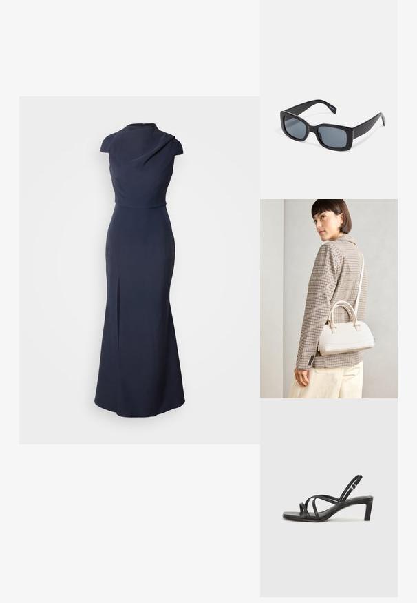 Rochie de seară bleu marin, cu un corset ajustat, mâneci scurte, decolteu drapat și o fanta laterală. Confecționată dintr-un material neted, cu un design până la podea.; Sandal cu barete negre, cu vârf pătrat și toc mic de bloc. Prezintă mai multe barete subțiri și o bareta ajustabilă la gleznă. Fabricat din piele netedă.; Ochelari de soare negri rectangulari cu lentile întunecate, cadru gros din plastic și tâmple late. Suprafață netedă și design unghiular.; Geantă structurată albă, cu mânere scurte și curea de umăr, având accente din metal aurit și material texturat, expusă pe un fundal gri.
