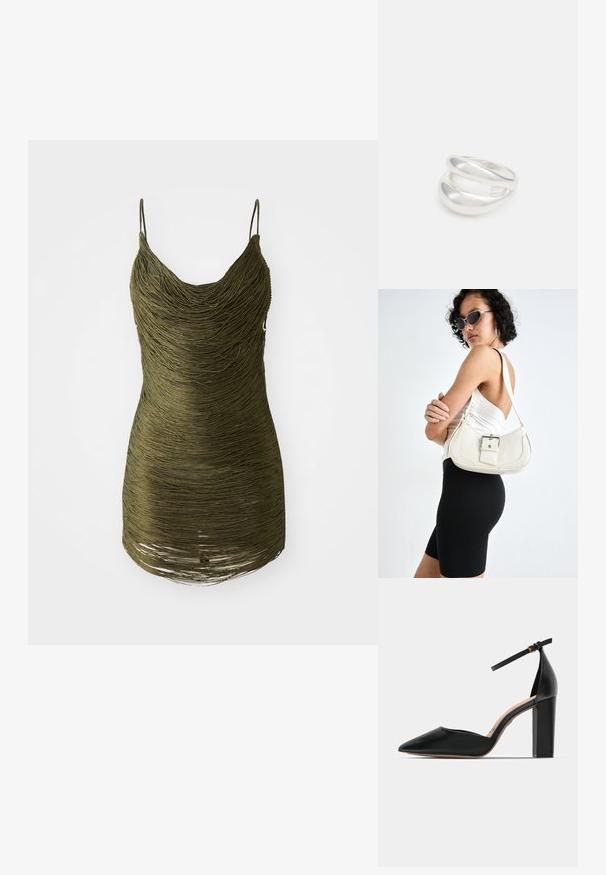 Svetlozelené šaty s drapovaným dizajnom, s textúrovanými líniami látky, tenkými ramienkami a zakriveným výstrihom.; Čierna kožená vysoká topánka na podpätku s členkovým remienkom, špicatou špičkou a štvorcovým hrubým podpätkom. Hladká textúra s minimalistickým dizajnom.; Biely kožený kabelka s zakriveným tvarom, nastaviteľným popruhom a malým detailom pracky. Model nosí priliehavý čierny outfit.; Strieborný prsteň s dvojitým pásikom s hladkým, lesklým povrchom. Má plynulý, zakrivený dizajn s prekryvajúcimi sa časťami pre moderný vzhľad.