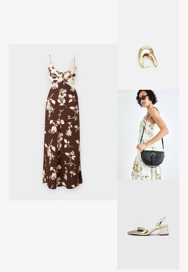 Brown floral maxi dress with a cream top featuring a twist detail and thin straps. Smooth fabric with a flowing silhouette and floral patterns.; Gold, metallic slingback heels with a pointed toe and chunky heel. Smooth texture, minimalistic design, and a narrow strap.; Black leather handbag with a curved shape, detachable strap, and gold hardware. The bag features a flap with a buckle detail.; Gold-tone metal earring with a sleek, curved design. Features a distinctive pointed shape, polished surface, and hinge closure.