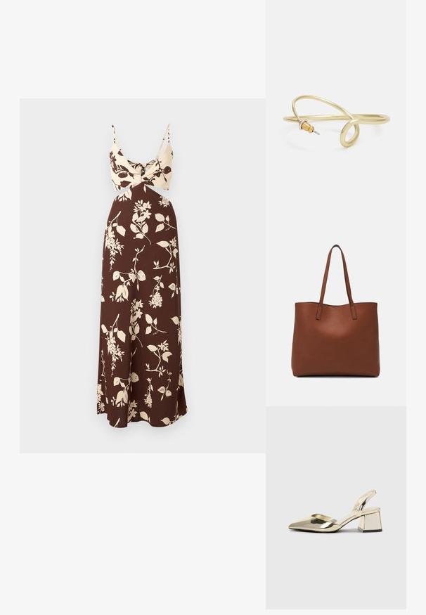 Vestido maxi floral castanho com um topo bege, apresentando um detalhe torcido e alças finas. Tecido suave com uma silhueta fluida e padrões florais.; Sapatos de salto alto metálicos dourados, com biqueira em ponta e salto grosso. Textura suave, design minimalista e uma tira estreita.; Bolsa tote de couro castanho com uma textura suave, design de abertura superior e duas alças para o ombro. Apresenta costura mínima e sem hardware visível.; Bracelete de metal dourado com um design fluido e curvilíneo. Apresenta um pequeno acento prateado proeminente numa das extremidades.