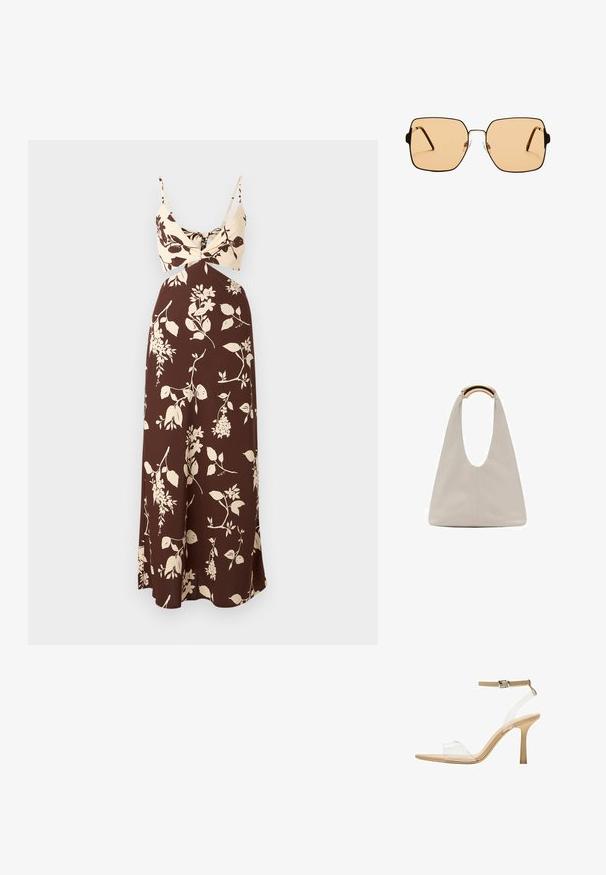 Brązowa sukienka maxi w kwiaty z kremowym topem z detalem w formie skrętu i cienkimi ramiączkami. Gładki materiał z płynącą sylwetką i kwiatowymi wzorami.; Przezroczysta sandał z obcasem, z przezroczystą cholewką, beżową wkładką i smukłym paskiem w okolicy kostki. Posiada spiczasty czubek i cienki wysoki obcas.; Kwadratowe okulary przeciwsłoneczne z brązowymi soczewkami i cienką, czarną metalową oprawą. Posiadają skośne zauszniki i regulowane noski dla większego komfortu.; Jasnoszara skórzana torba o kształcie litery U z zakrzywionym metalowym uchwytem. Gładka tekstura z minimalnymi szwami i bez widocznych wzorów.