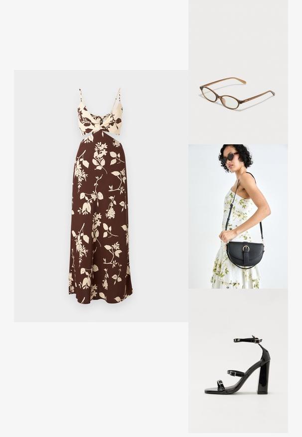 Hnědá květinová maxi šaty s krémovým vrškem, který má detail s twistem a tenkými ramínky. Hladká tkanina s volným střihem a květinovými vzory.; Černé lakované sandály na podpatku se čtveratou špičkou, lýtkovými pásky a stříbrnými přezkami. Disponují masivním blokovým podpatkem pro stabilitu.; Hnědé želvovinové brýle s oválnými skly, tenkými bočními nohami a průhlednými akcenty. Obsahují decentní logo na stranu. Elegantní, lehký design.; Černá kožená kabelka s křivkovým tvarem, odnímatelným popruhem a zlatými detaily. Kabelka má klopu s přezkou.