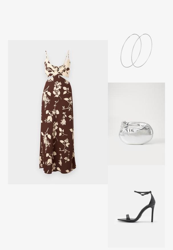 Robe maxi à fleurs marron avec un haut crème présentant un détail torsadé et des bretelles fines. Tissu doux avec une silhouette fluide et des motifs floraux.; Sandales noires à talons hauts avec un orteil ouvert, des fines lanières et une boucle à la cheville. Texture en cuir lisse avec un design de forme pointue.; Pochette en métal argenté avec une forme douce et arrondie et un fermoir en haut noué. Fabriquée en simili cuir lisse.; Boucles d'oreilles en argent au design minimaliste. Forme circulaire, texture lisse et profil fin. Légères avec une finition polie.