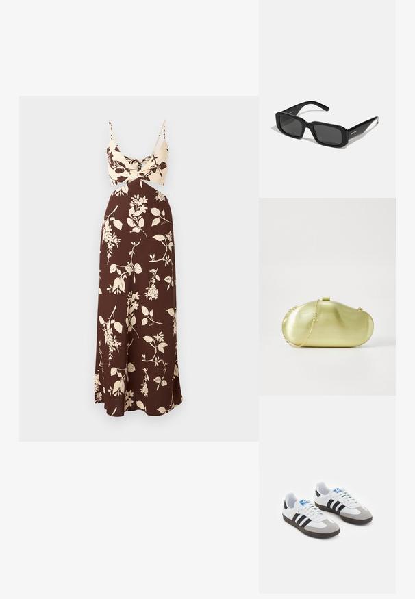 Pruun lilleline maksimekauto, millel on kreemjas ülaosa, millel on keerutamisdetail ja õhukesed rihmad. Sile kangas voogava silueti ja lillemusteriga.; Spordijalatsid valge nahkpealsega, halli nubuk-naha otsaga ja kolme musta triibuga. Omab sinist logo keele peal ja struktureeritud kummitalda.; Arnette THEKIDD UNISEX - Päikeseprillid - black; Metallist kuldne klamberkott, millel on ümar, piklik kuju, aasaga kott ning klambriga sulgemine. Sile, peegeldav pind.