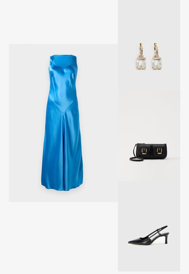 Vestido azul em cetim com decote quadrado, sem mangas e silhueta fluida. Apresenta um brilho subtil e detalhe de costura em forma de V.; Salto slingback em patente preta com bico apontado, apresentando um padrão de pele de cobra texturizado, tira ajustável e um salto bloco curto e texturizado.; Bolsa de ombro em couro preto com dois bolsos frontais, fivelas douradas, fecho de zíper e uma alça fina. Superfície texturizada e forma retangular compacta.; Brincos em tom de ouro com um cristal retangular claro pendurado abaixo de uma linha de pequenos acentos redondos claros. Design elegante e moderno.