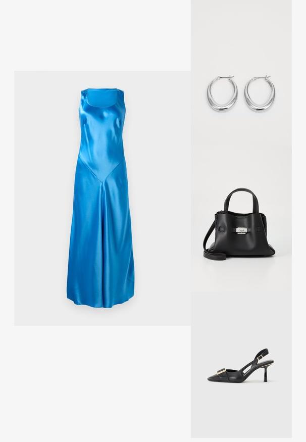 Szaténkék ruha négyzet alakú kivágással, ujjatlan fazonnal és laza sziluettel. Finom fényességgel és V-alakú varrás részletekkel rendelkezik.; Fekete bőr slingback cipő hegyes orral, karcsú sarkal és aranyszínű kiegészítővel a lábfej résznél. Simább szerkezet és letisztult dizájn.; Fekete bőr kézitáska struktúrált felülettel, két felső fogantyúval, levehető vállpánttal és ezüst színű csattal.; Fényes ezüst félhold alakú karika fülbevaló pár, zsanéros kapoccsal, fehér háttéren.