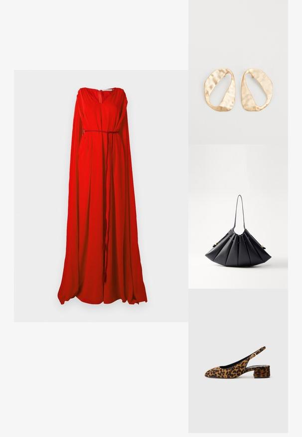 Czerwona sukienka z dekoltem w serek, długimi, zwiewnymi rękawami i założoną talią. Wykonana z lekkiej tkaniny, posiada zamek błyskawiczny z tyłu.; Kobiece buty w panterkę z odkrytymi piętami, z niskim blokowym obcasem i złotą klamrą na bocznym pasku, pokazane w profilu bocznym na jednolitym tle.; Czarna plisowana torebka z gładkiej skóry, z jedną rączką, złotymi dodatkami i geometrycznie ustrukturyzowanym kształtem.; Para nieregularnych, owalnych kolczyków ze złotego metalu o teksturowanej, lekko młotkowanej powierzchni na białym tle.