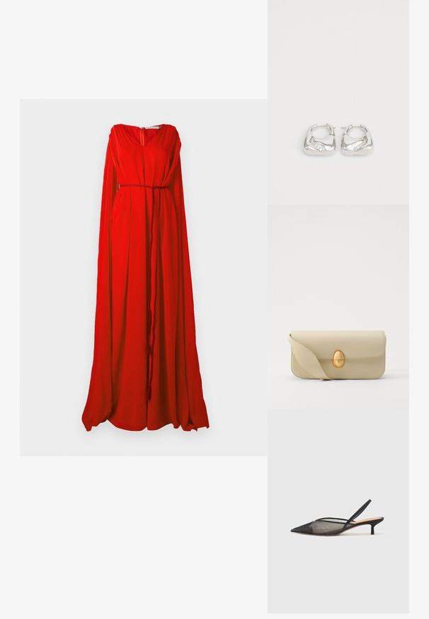 Rød kjole med V-udskæring, lange flydende ærmer og en cinchet talje. Lavet af letvægtsstof, med en lynlås på ryggen.; NEOUS IRENA - Pumps - black; Beige læderhåndtaske med en glat tekstur, rektangulær form og en gylden oval lås. Har en lang, justerbar rem.; Sølv hoop øreringe med et glat, afrundet design og en bølgende detalje, der har små, klare rhinesten langs en kant.