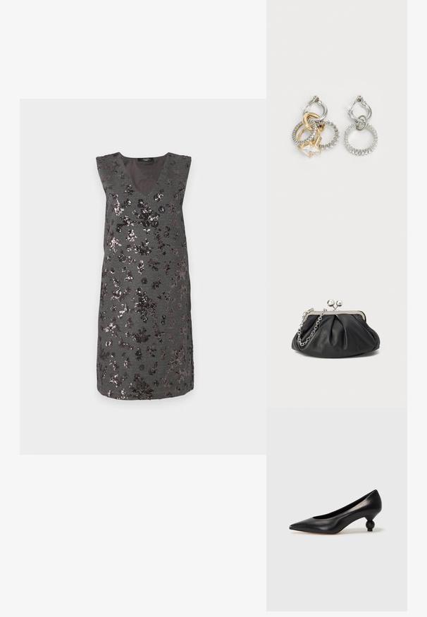 Robe sans manches grise avec un col en V, ornée de sequins noirs en motifs floraux, avec un tissu texturé et une longueur au genou.; Chaussure à talon haut en cuir noir avec un bout pointu et un talon arrondi. Texture lisse avec un design épuré et minimal.; Porte-monnaie en cuir noir avec texture froncée, cadre en métal argenté, fermeture à verrouillage kiss-lock et bandoulière en chaîne. Surface lisse et douce.; Boucles d'oreilles créoles composées d'anneaux entrelacés en or et en argent, avec un accent en zircon cubique transparent et un bandeau texturé sur un des anneaux.