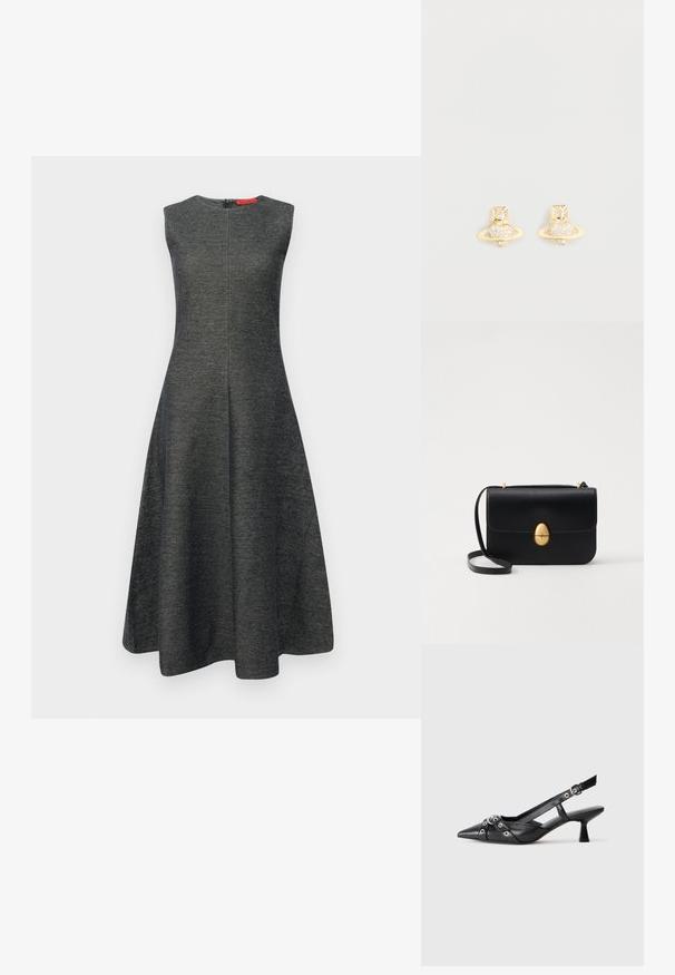 Gray sleeveless dress with a flared silhouette, made from textured fabric. Features a concealed back zipper and a smooth neckline.; Black leather slingback shoe with a pointed toe, decorative straps featuring metal eyelets, and a low block heel. Textured surface.; Black leather handbag with a structured rectangular shape. Features a golden oval clasp and a thin shoulder strap. Smooth texture.; Gold-tone stud earrings featuring a Saturn design with a textured band and embedded circular crystals for added sparkle.