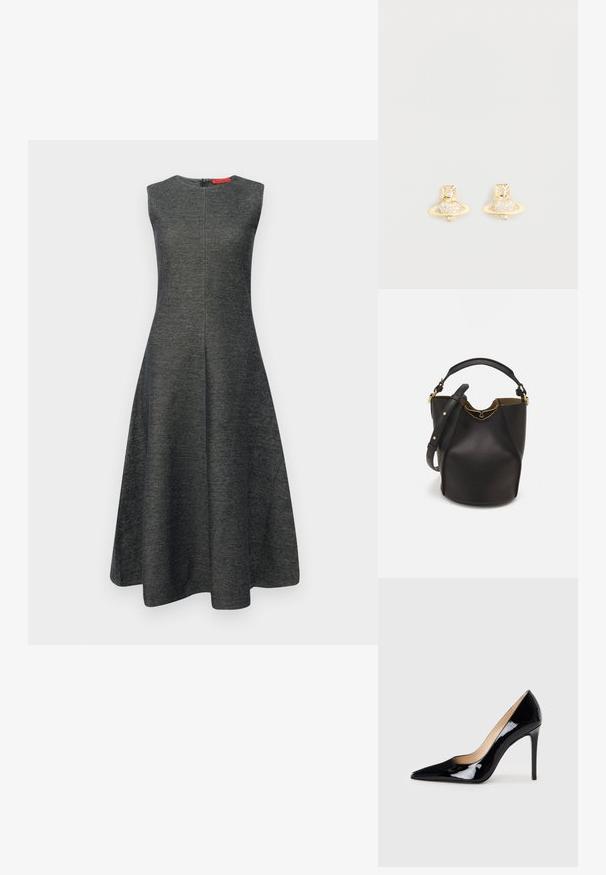Robes sans manches grises avec une silhouette évasée, en tissu texturé. Présente une fermeture éclair dissimulée à l'arrière et un col lisse.; Escarpin noir en cuir verni avec un design à bout pointu et une silhouette élégante. Présente une finition lisse et brillante ainsi qu'un talon aiguille fin.; Sac seau en cuir noir avec une finition texturée, accents en matériel doré et une ouverture en haut. Il dispose d'une courte poignée et d'une sangle d'épaule réglable.; Boucles d'oreilles puces en ton or avec un design de Saturne, présentant un bandeau texturé et des cristaux ronds incrustés pour une touche d'éclat supplémentaire.