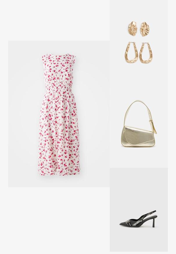 Květinové maxi šaty s bílým pozadím, vzorované malými růžovými květy, s vypasovaným pasem a bez rukávů.; Černá lakovaná slingback obuv s špičatou špičkou, kotníkovými pásky s kovovými sponami a příslušenstvím, a štíhlým podpatkem.; Zlatá metalická kabelka se strukturovaným designem, hladkým povrchem a nastavitelným popruhem. Disponuje unikátním trojúhelníkovým tvarem a minimalistickým prošitím.; Náušnice ve zlatém tónu s texturovanými, vlnitými tvary. Obsahují sochařské klipy a design otevřeného kruhu s kladivkovým povrchem.