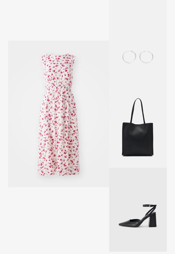Maksimalna cvjetna haljina s bijelom pozadinom, ukrašena malim ružičastim cvjetovima, s uskim strukom i bez rukava.; Crne kožne cipele s špicastim vrhom, remenom oko gležnja i debelim potplatom. Ravna tekstura, elegantan dizajn i minimalistička estetika.; Crna kožna torba za nošenje s glatkom teksturom, pravokutnim oblikom i dvije duge ručke. Nema vidljivih metalnih dijelova ili ukrasa.; Srebrne okrugle naušnice jednostavnog dizajna, s glatkom površinom i bez vidljivih ukrasa. Promjer nije specificiran.