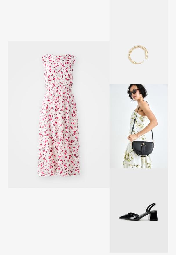 Lilledega maksikleit, millel on valge taust ja roosa lillemuster, prilaga talje ja käisteta disain.; Mustad musta lakknahk kingad, millel on terav varvas ja geomeetriline plokkkonts. Omab elegantselt minimalistlikku disaini ja sujuvat tekstuuri.; Mustmust mustraha kõverate joontega, eemaldatava rihmaga ja kuldsete detailidega. Kotil on klapp, millel on pandladetail.; Kuldtoonis sõrmus, millel on orgaaniline, keerdunud disain sileda tekstuuri ja kitsenevate otstega, luues kaasaegse skulptuurilise välimuse.