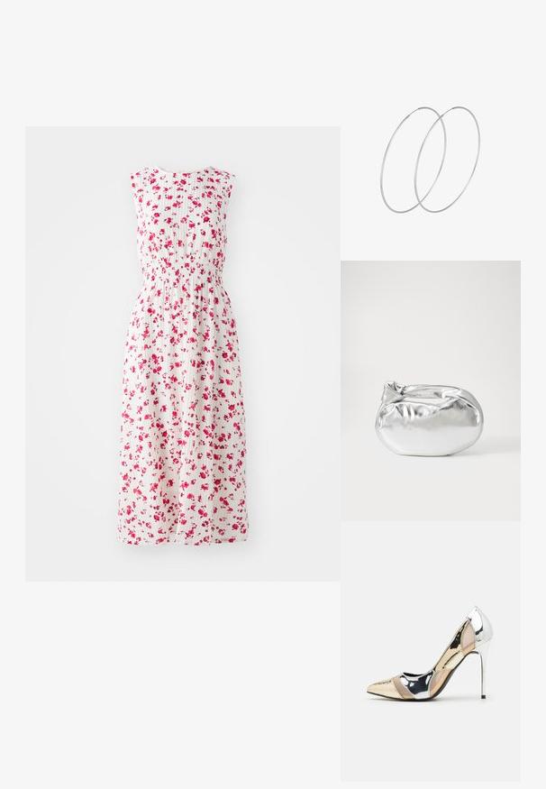 Cvetna maksi obleka z belo podlago, okrašena z majhnimi roza cvetovi, ki ima prilegajoč pas in brezrokavni dizajn.; Čevlji z visoko peto in konico, v barvni kombinaciji srebrne, zlate in nude. Sijajna obdelava z izrezljanim dizajnom, z igličasto peto.; Srebrna kovinska torbica z mehko, zaobljeno obliko in zavezano zgornjo zaporo. Narejena iz gladkega umetnega usnja.; Srebrne uhane v obliki obroča z minimalističnim dizajnom. Krožna oblika, gladka tekstura in tanek profil. Lahki s poliranim zaključkom.