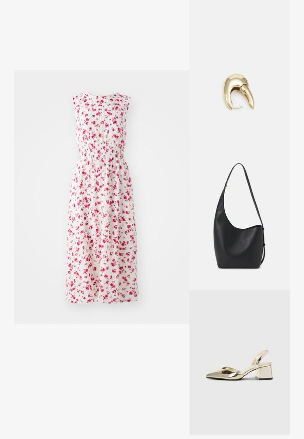 Kwiatowa sukienka maxi na białym tle, zdobiona małymi różowymi kwiatami, z dopasowaną talią i bez rękawów.; Złote, metaliczne szpilki z boku z wydłużonym noskiem i grubym obcasem. Gładka faktura, minimalistyczny design i wąski pasek.; Czarna skórzana torba hobo o gładkiej fakturze, zaokrąglonym kształcie i pojedynczym, regulowanym pasku; posiada szerokie otwarcie na górze.; Złote metalowe kolczyki o eleganckim, zakrzywionym kształcie. Posiadają charakterystyczny szpiczasty kształt, polerowaną powierzchnię oraz zapięcie na zawias.
