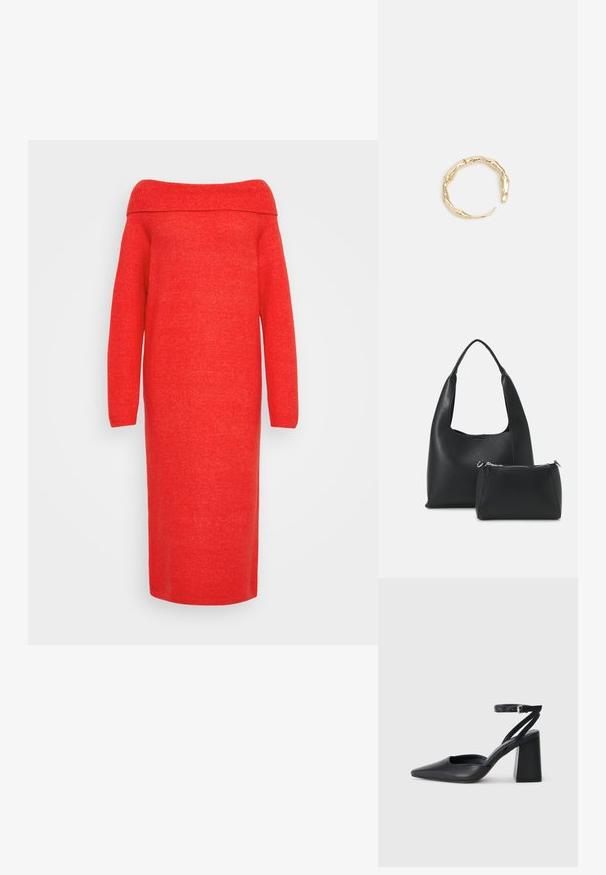 Raudona megzta suknelė, be petnešų, ilgos rankovės, vidutinio ilgio, lygi tekstūra, be papuošimų dizainas, su drabužio kraštu su raukšlėmis.; Juoda odinė smailiagalė aukštakulnio bateliai su kulkšnies dirželiu ir storu kulnu. Lygus paviršius, elegantiškas dizainas ir minimalistiška estetinė. ; Even&Odd Rankinė - black; Auksinės spalvos žiedas, turintis organišką, sukimosi dizainą su lygiu paviršiumi ir siaurėjančiais galais, sukuriantis modernią skulptūrinę išvaizdą.