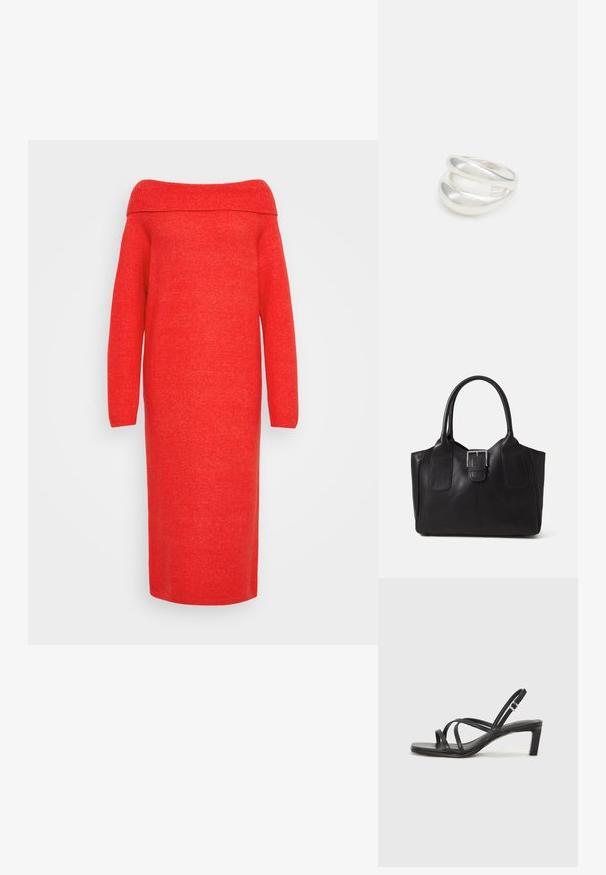 Sarkans plecu šūts trikotāžas kleita, garas piedurknes, vidēja garuma, gluda tekstūra, bez greznojumiem un ribota apkakle.; Melnas strappy sandales ar kvadrātveida purngaliem un zemu bloku papēdi. Ievērojamas ar vairākiem plāniem siksniņām un regulējamu potītes siksniņu. Izgatavotas no gludas ādas.; Melnas ādas somiņa ar gludu tekstūru, strukturētu formu, divām rokturām un izteiktu sudraba sprādzi priekšpusē.; Sudraba divu joslu gredzens ar gludu, pulētu virsmu. Iezīmējas ar plūstošu, izliekta dizaina struktūru ar pārklājošām sekcijām modernam izskatam.