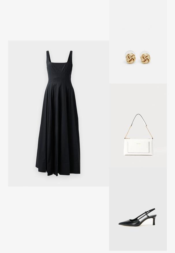 Črna brezrokavna obleka s kvadratnim izrezom, nabranim dizajnom in tokačim krilom, izdelana iz gladkega materiala. Minimalistična estetika.; Črne lakaste slingback pete s koničastim nosom, ki imajo teksturiran vzorec kačje kože, nastavljiv trak in kratek teksturiran blok peto.; Bela usnjena torbica z teksturirano površino, ki vključuje zlat pas in črne detajle. Ima sprednji žep in zadrgo.; Klavirske uhani v zlatem tonu s zvitim dizajnom. Vsak uhán je opremljen s krožno prozorno podlago za zagotavljanje varne nošnje.