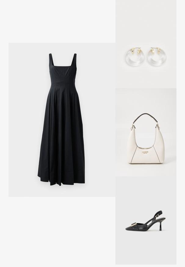 Czarna sukienka bez rękawów z kwadratowym dekoltem, plisowanym wzorem i zwiewnym dołem, wykonana z gładkiego materiału. Minimalistyczna estetyka.; Czarna skórzana mokasynka z odkrytym piętą, spiczastym noskiem, smukłym obcasem i akcentem w kolorze złotym na cholewce. Gładka faktura i zorganizowany design.; Biała, fakturowana torebka o zakrzywionej sylwetce, z czarnymi akcentami, złotym logo i krótkim uchwytem. Posiada zamek błyskawiczny z dodatkami metalowymi.; Przezroczyste akrylowe kolczyki w kształcie koła z metalowymi akcentami w kolorze złotym i wypolerowanym wykończeniem. Posiadają gładki, okrągły kształt.